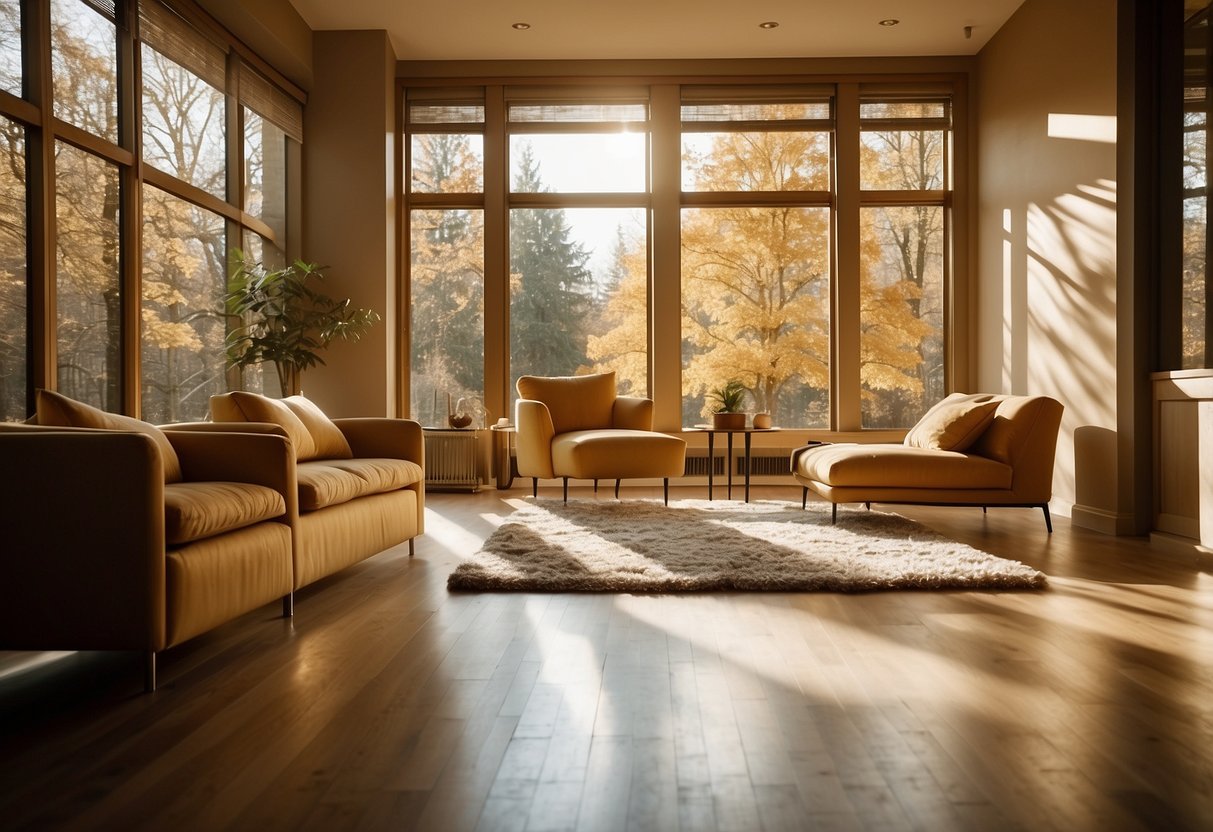 A room filled with warm, golden maple furniture, bathed in natural light, casting soft, inviting shadows on the floor