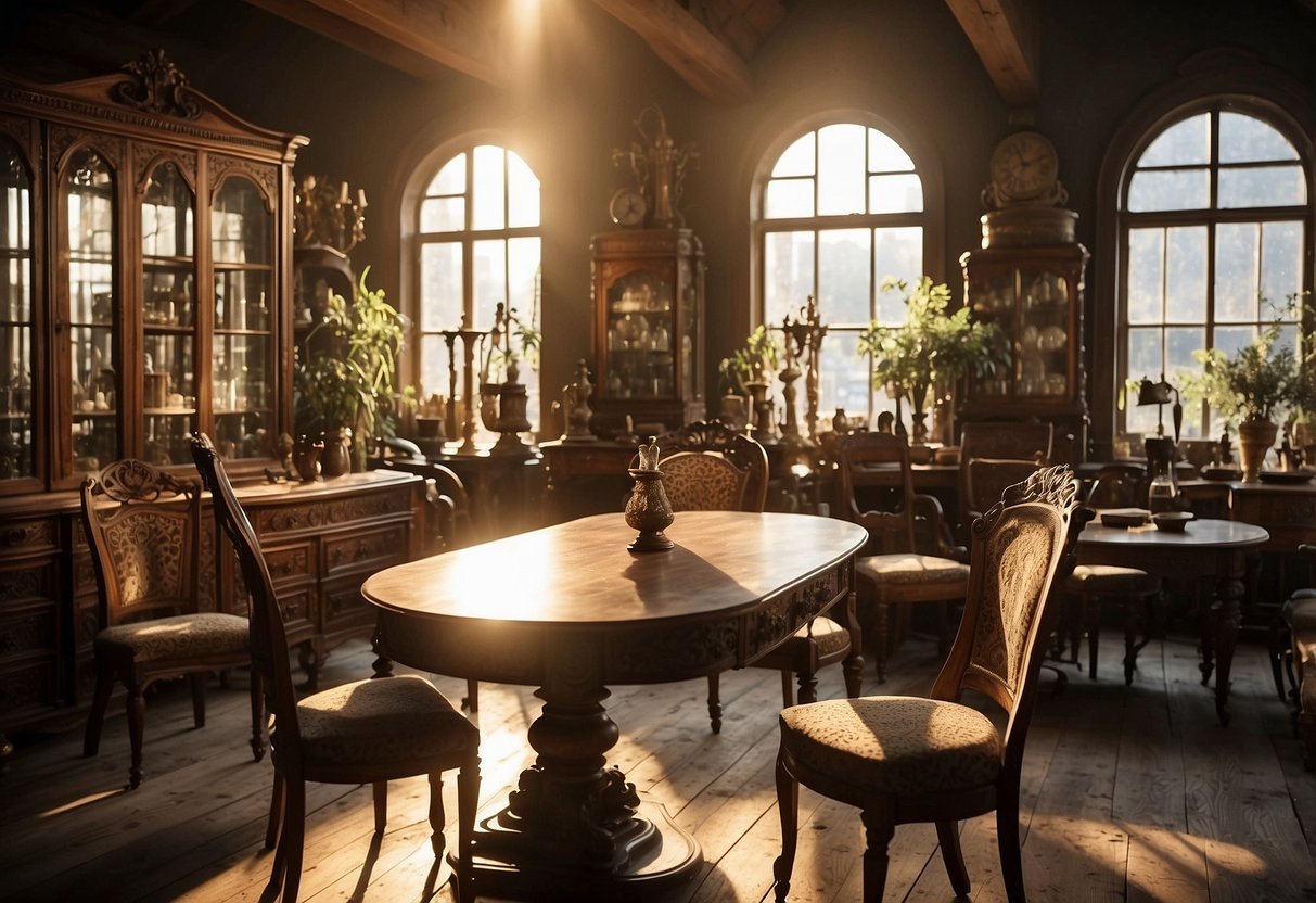 The antique furniture shop is filled with ornate tables, chairs, and cabinets. Sunlight streams through the dusty windows, casting a warm glow over the aged wood and intricate carvings