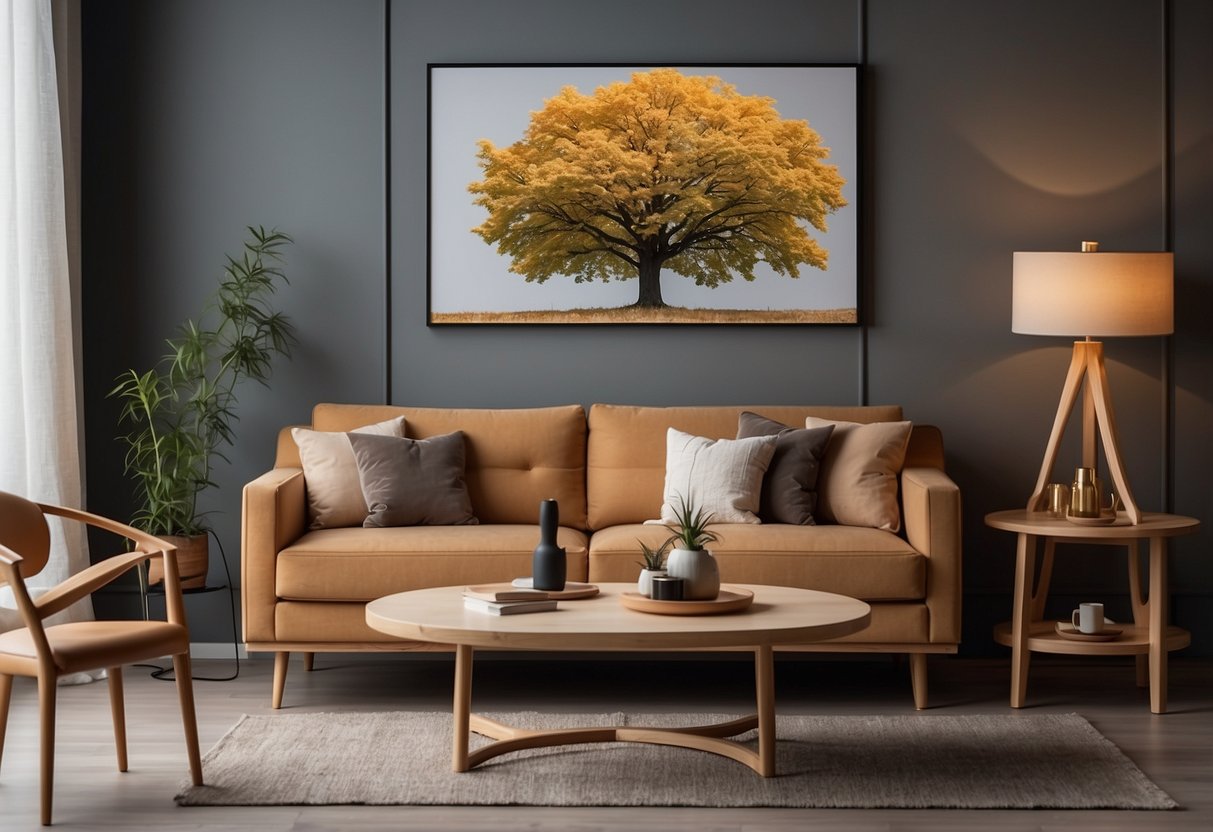 A room with maple furniture in various shades, from light to dark, arranged in an organized and clean manner. The furniture pieces include a table, chairs, and a bookshelf