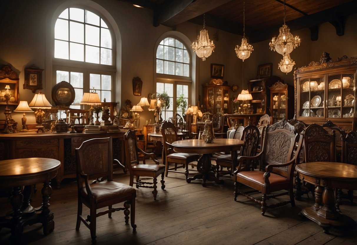 Customers browse ornate chairs, tables, and cabinets in a dimly lit antique furniture shop. Sunlight filters through dusty windows, casting a warm glow on the aged wood and intricate carvings