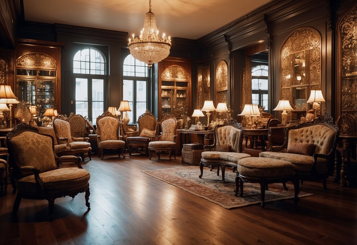 An antique furniture shop with ornate chairs, carved tables, and vintage lamps displayed on polished wooden floors. Rich tapestries and intricate rugs adorn the walls and floors, creating a cozy and elegant atmosphere