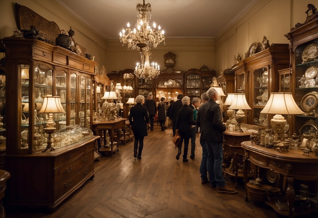 The antique furniture shop bustles with customers browsing through shelves of vintage pieces and admiring the ornate displays. A warm glow emanates from the chandeliers, casting a cozy atmosphere over the space