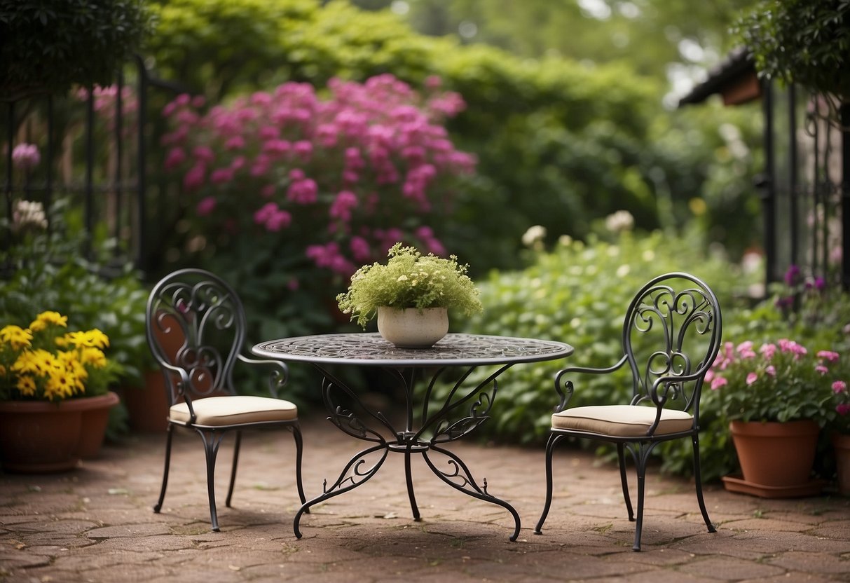 A wrought iron table and chairs sit in a lush garden, surrounded by blooming flowers and greenery