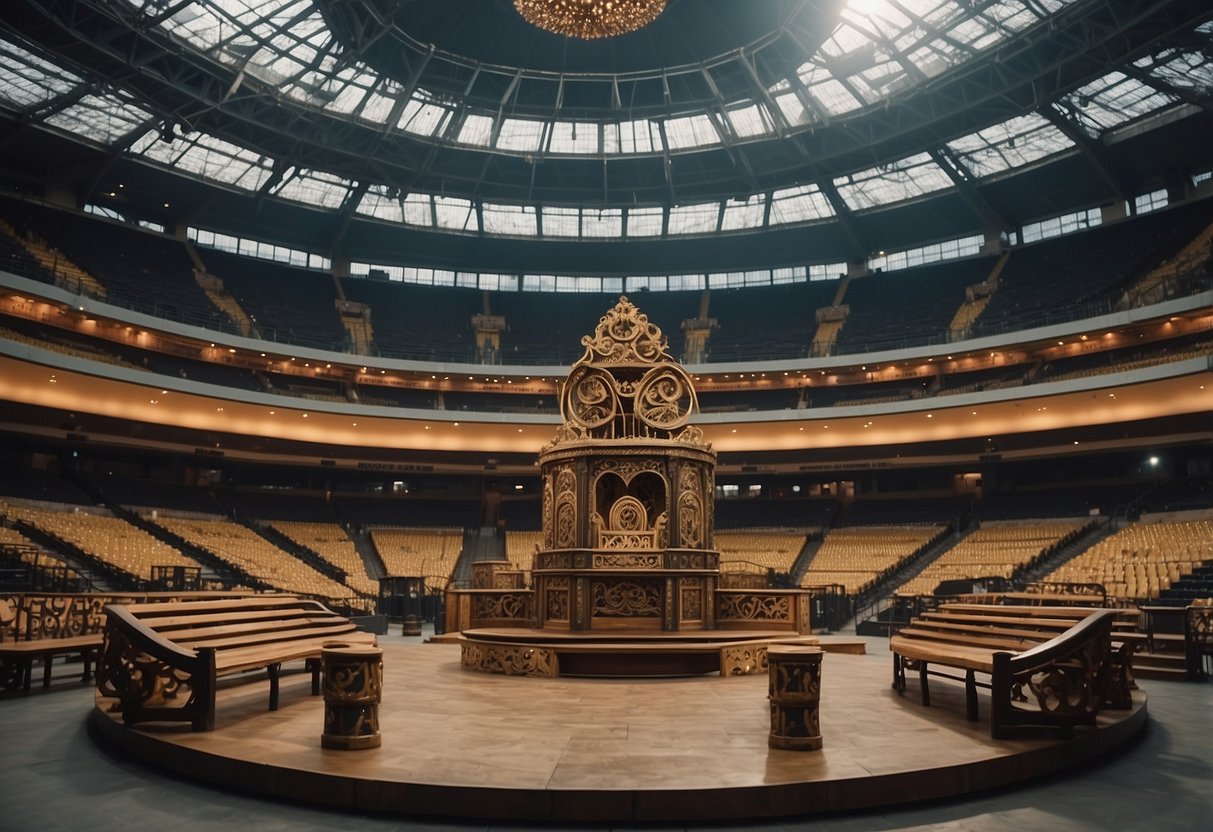 The arena is filled with sturdy wooden benches and tables, arranged in a circular pattern. A large, ornate throne sits at the center, surrounded by smaller chairs for spectators