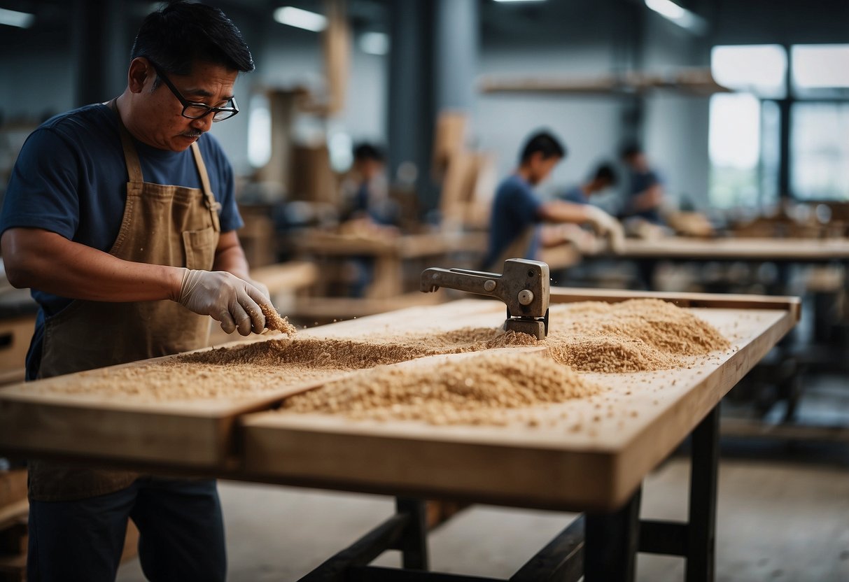 A wood furniture workshop in Singapore, with sawdust in the air and workers crafting tables and chairs with precision tools