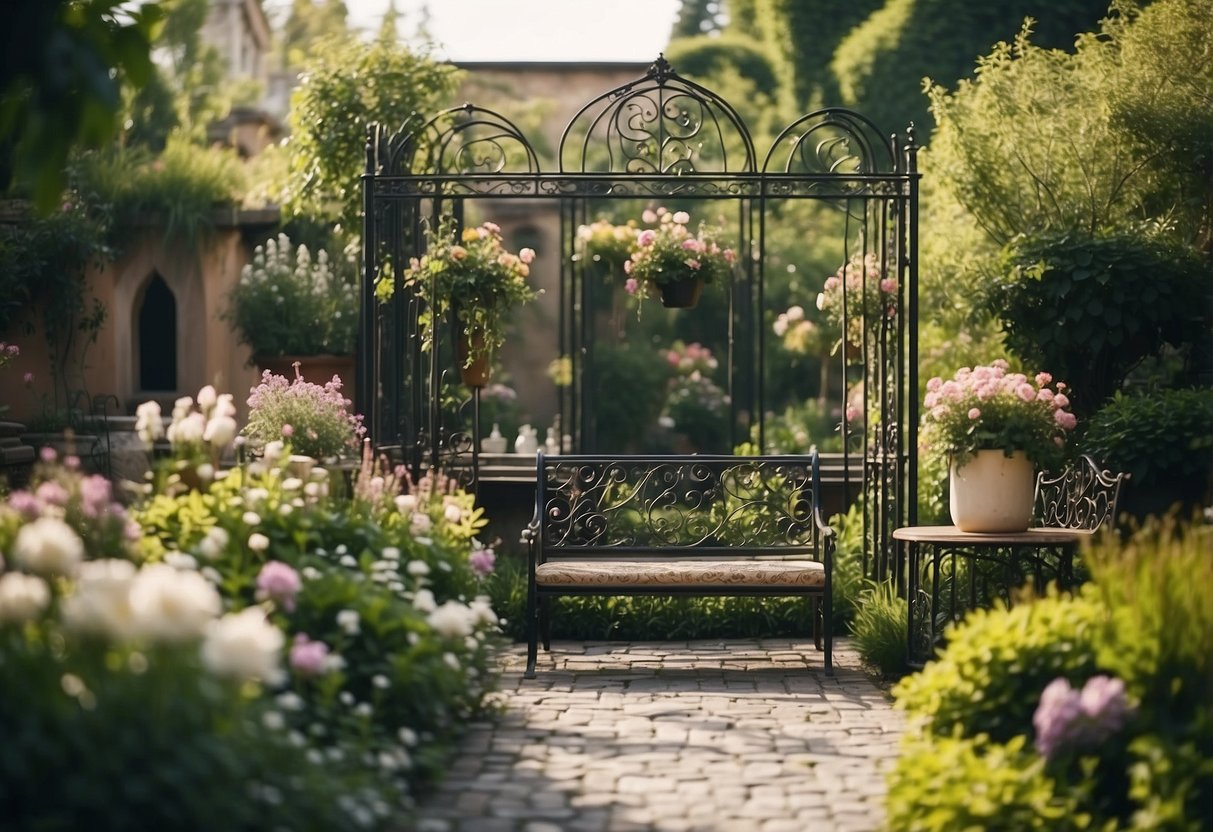 A lush garden with intricate wrought iron furniture, surrounded by blooming flowers and lush greenery