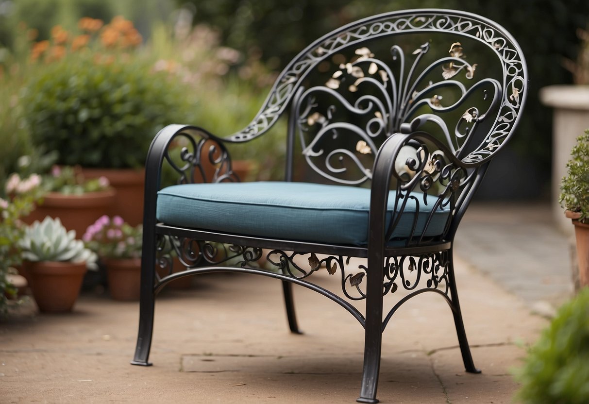 A wrought iron garden furniture set is carefully selected and maintained, with a person gently wiping down the elegant curves and intricate details with a soft cloth