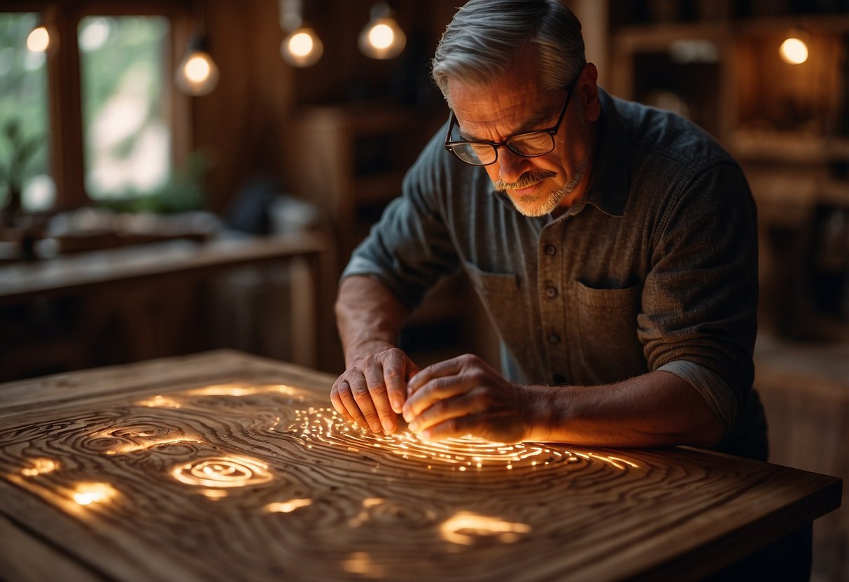 A craftsman carefully inspects a handcrafted wooden table, running his fingers along the smooth surface, admiring the intricate details and craftsmanship. The warm glow of the wood brings a sense of comfort and elegance to the room