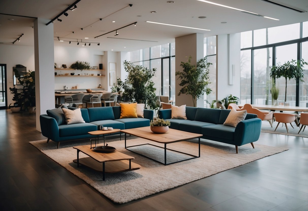A spacious, well-lit showroom with modern, sleek furniture arranged in various living spaces. Bright colors and clean lines create a welcoming atmosphere
