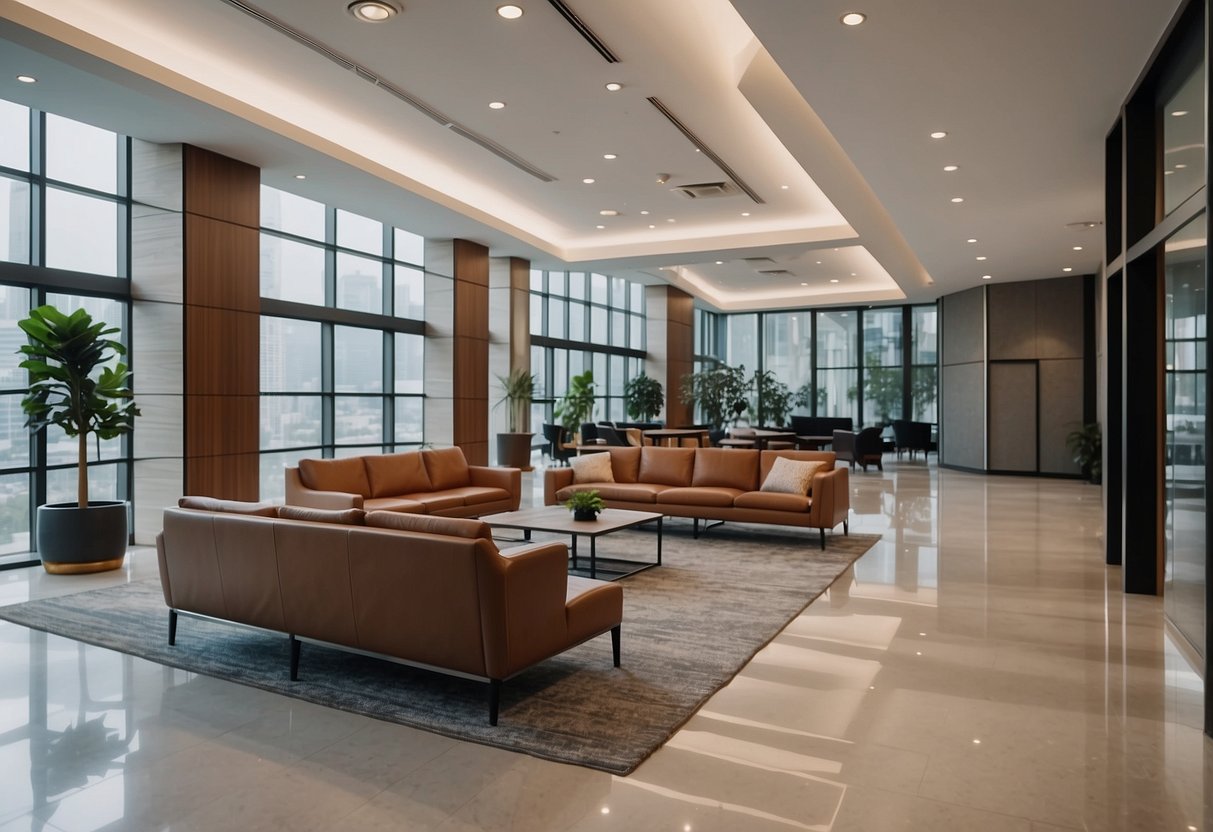 A spacious, modern office lobby with sleek, comfortable furniture arranged in a welcoming and customer-centric layout