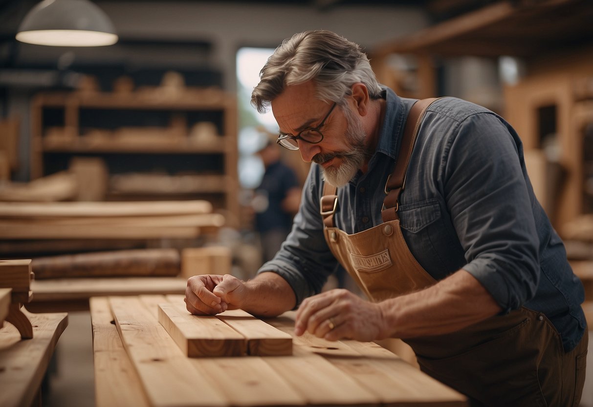 A craftsman carefully selects and measures wood for furniture. A customer observes the process, discussing custom designs with the artisan