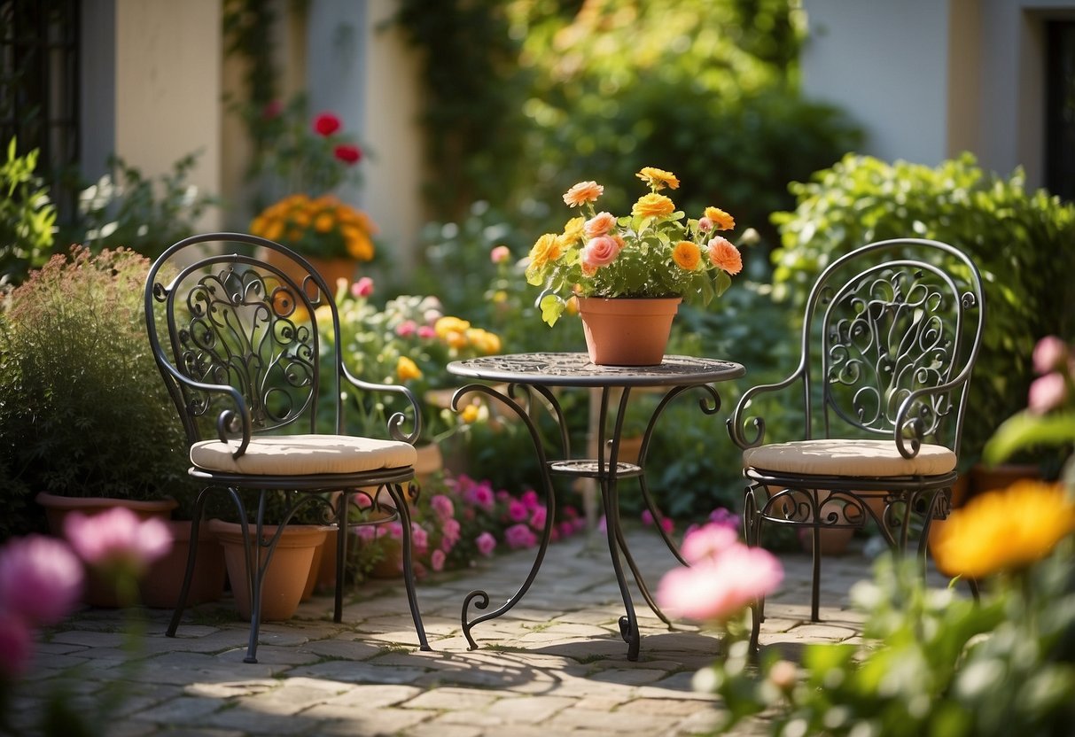 A sunny garden with a wrought iron table and chairs, surrounded by lush greenery and colorful flowers. The furniture is adorned with intricate scrollwork and sits invitingly in the peaceful setting