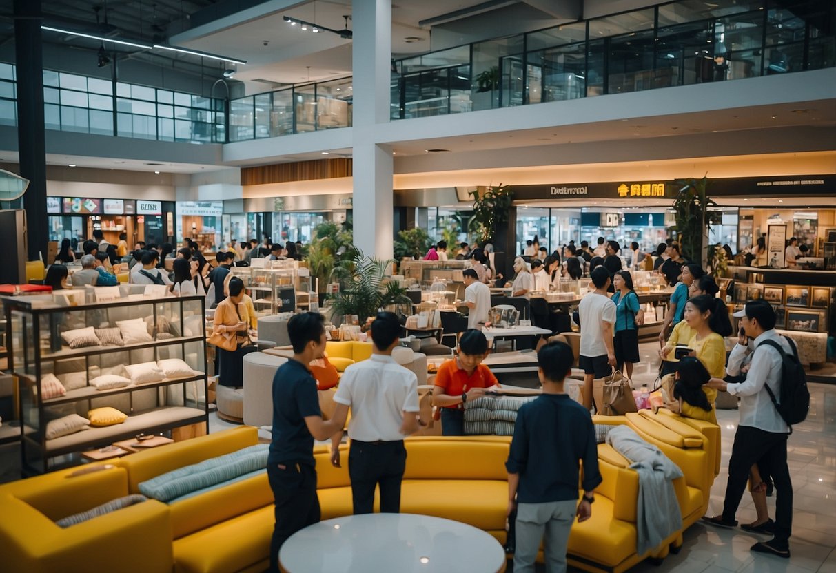 A bustling furniture shop near Bukit Batok MRT station, with colorful displays and eager customers browsing the latest designs