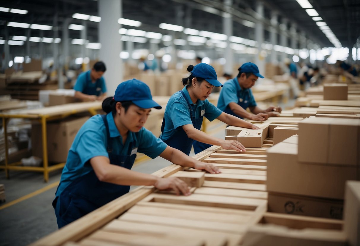 A busy wood furniture factory in Singapore, with workers assembling and packaging products, while a sign prominently displays "Frequently Asked Questions."