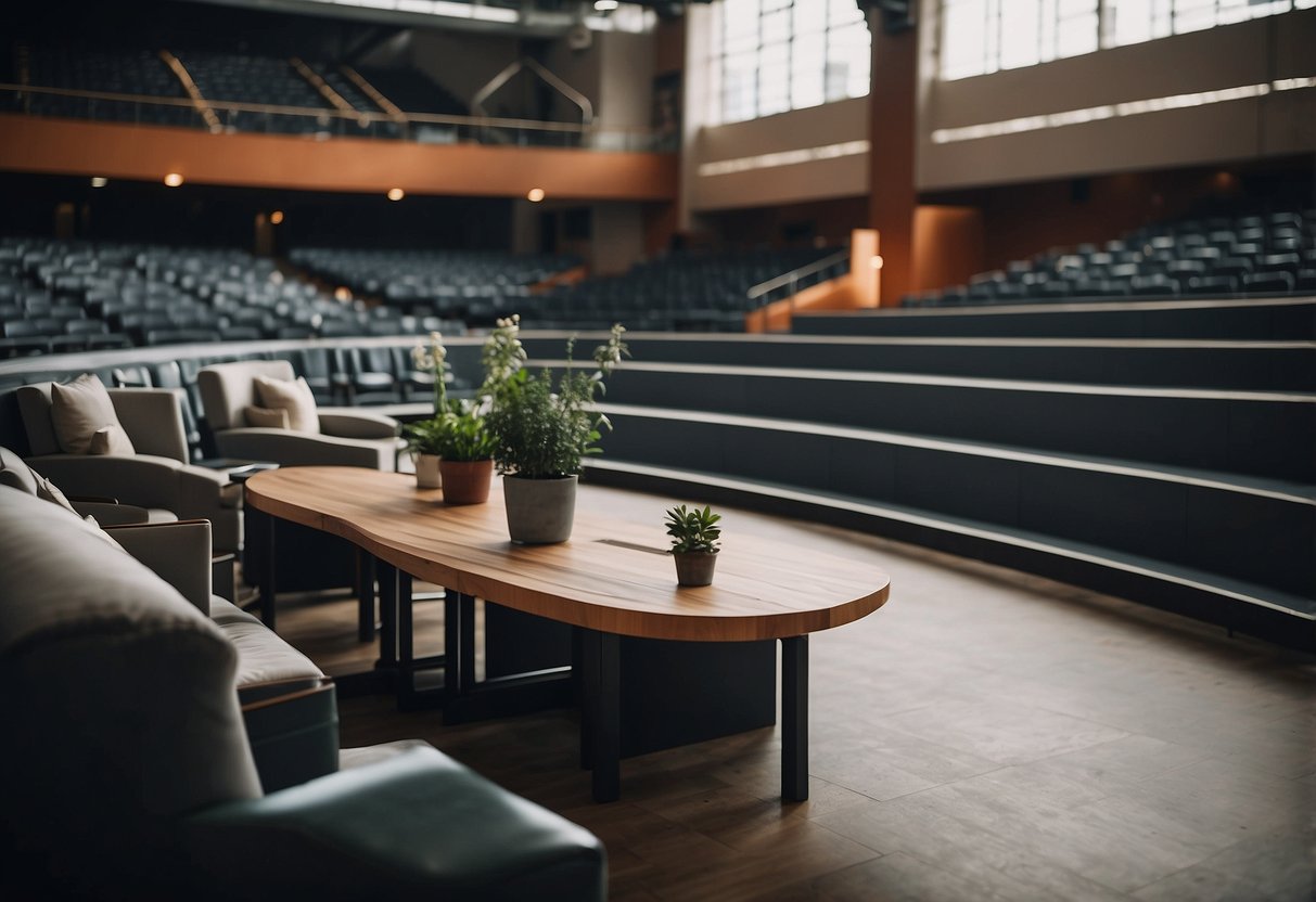 The arena is filled with various pieces of furniture, arranged in an organized manner. The space is open and inviting, with comfortable seating options and tables for guests to gather around