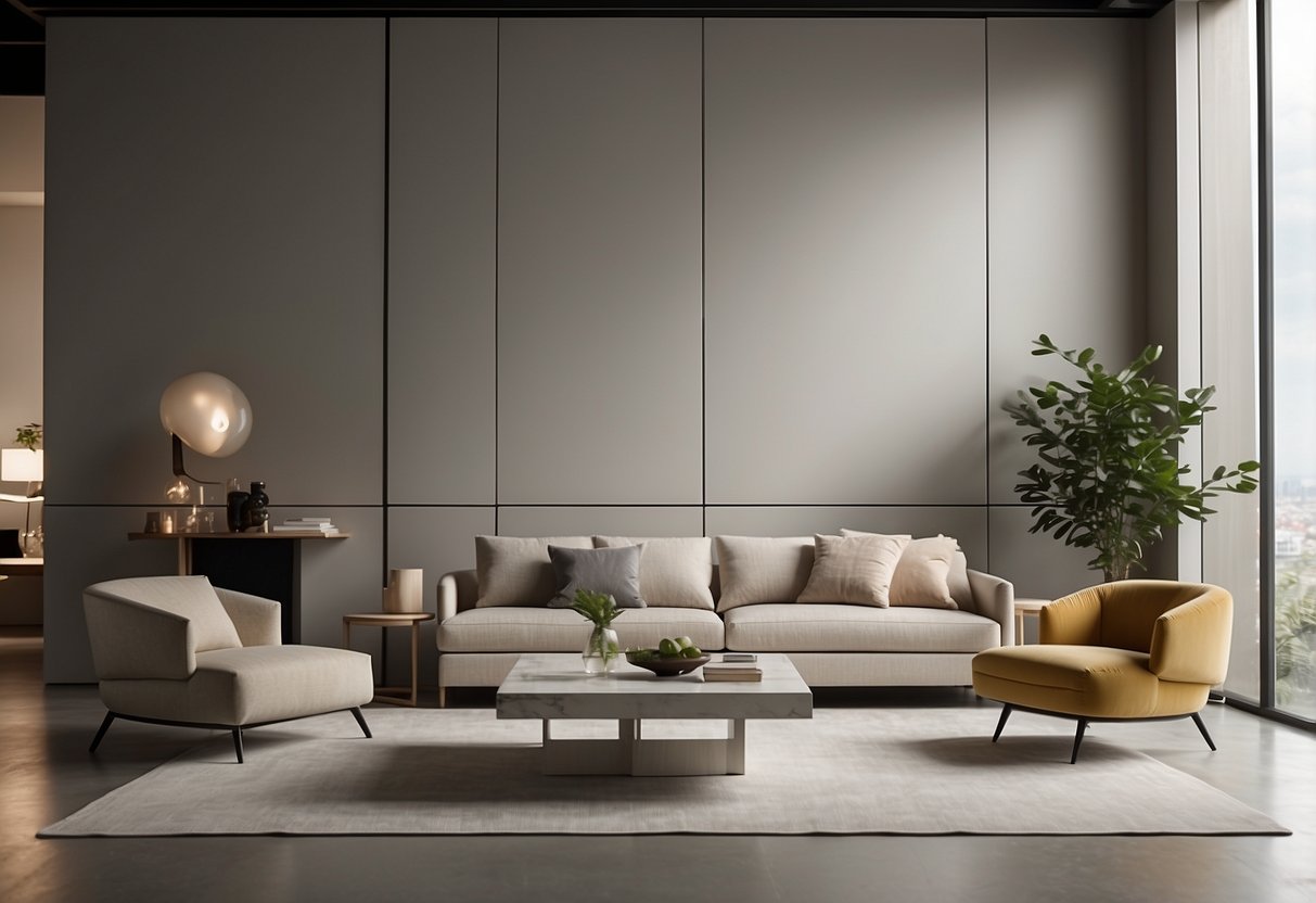 Sleek modern replica furniture arranged in a minimalist living room with clean lines and neutral colors