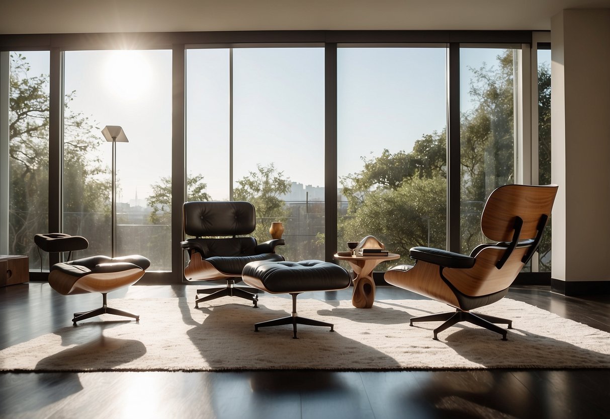 A sleek living room with replica furniture: Eames lounge chair, Barcelona chair, and Noguchi table. Clean lines, minimalistic design, and a modern aesthetic