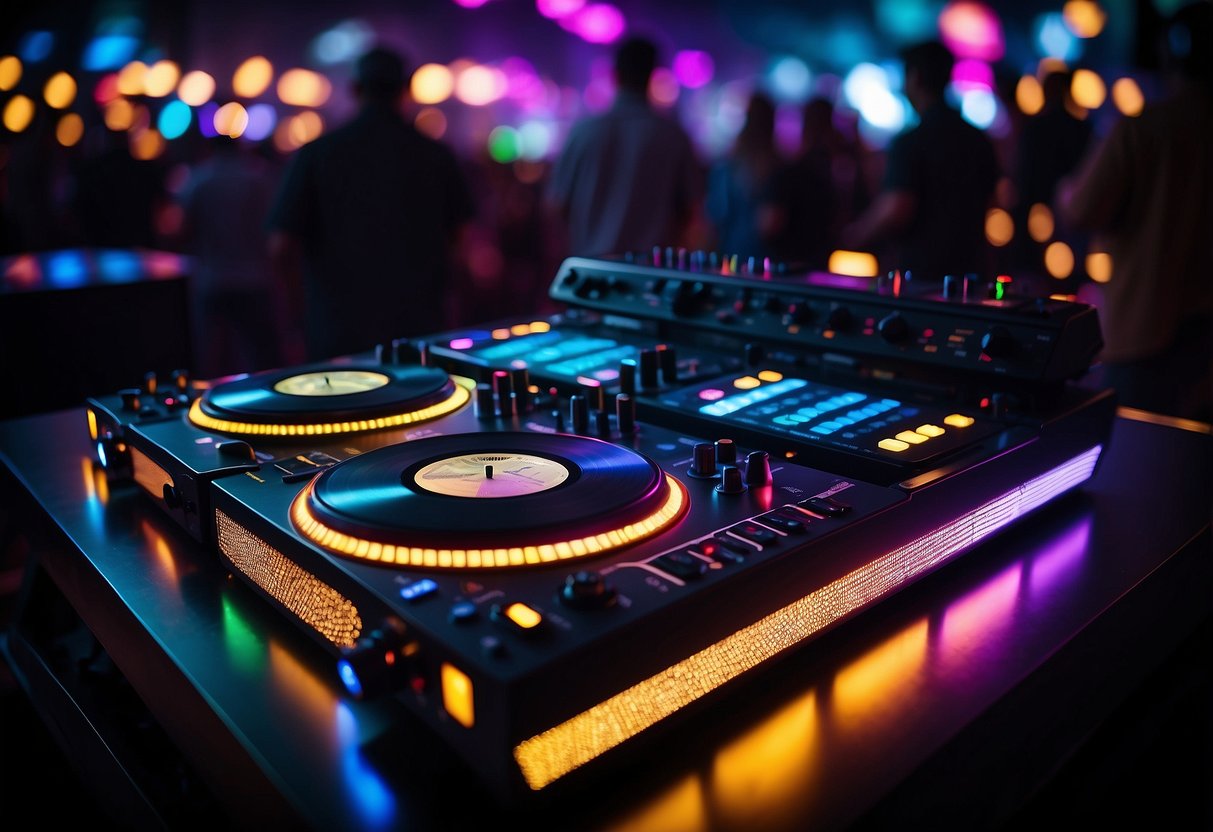 A sleek DJ furniture console with dual turntables and a mixer, surrounded by colorful LED lights and a crowd of dancing silhouettes