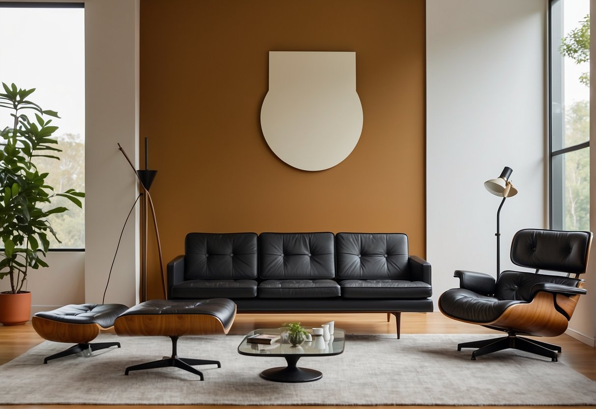 A sleek, minimalist living room with a mid-century modern replica sofa, a replica Eames lounge chair, and a replica Noguchi coffee table