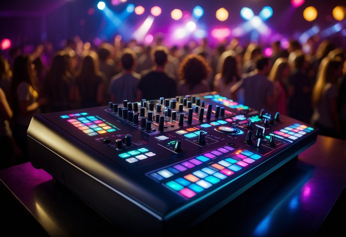 A sleek DJ furniture console with multiple knobs and sliders, illuminated by colorful LED lights, surrounded by a crowd of dancing people