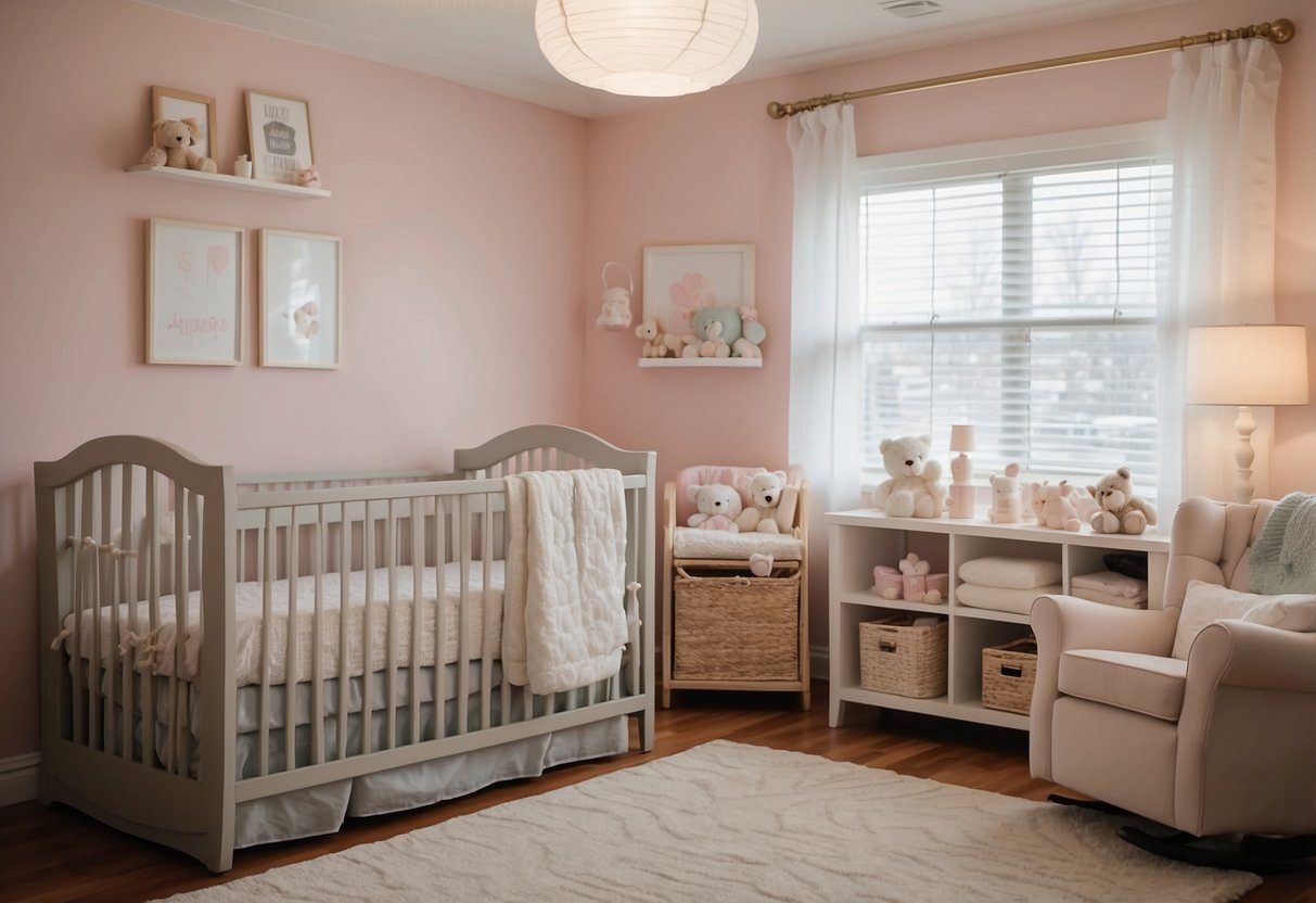 A cozy baby nursery with a crib, changing table, rocking chair, and soft, pastel-colored decor. Toys and books are neatly organized on shelves