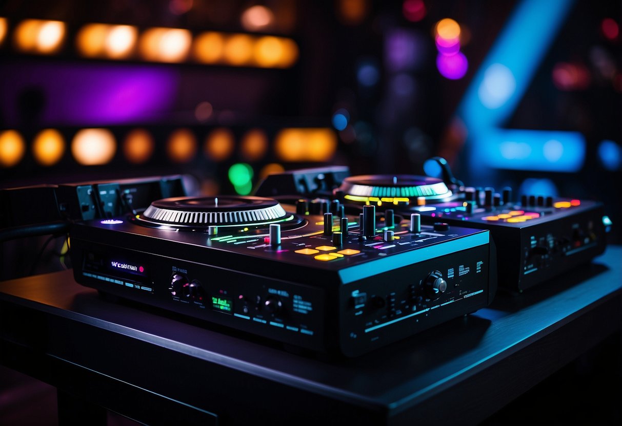 A sleek DJ console is positioned on a sturdy, black furniture piece. The console is equipped with turntables, mixers, and colorful LED lights, creating an inviting and professional setup for a DJ performance