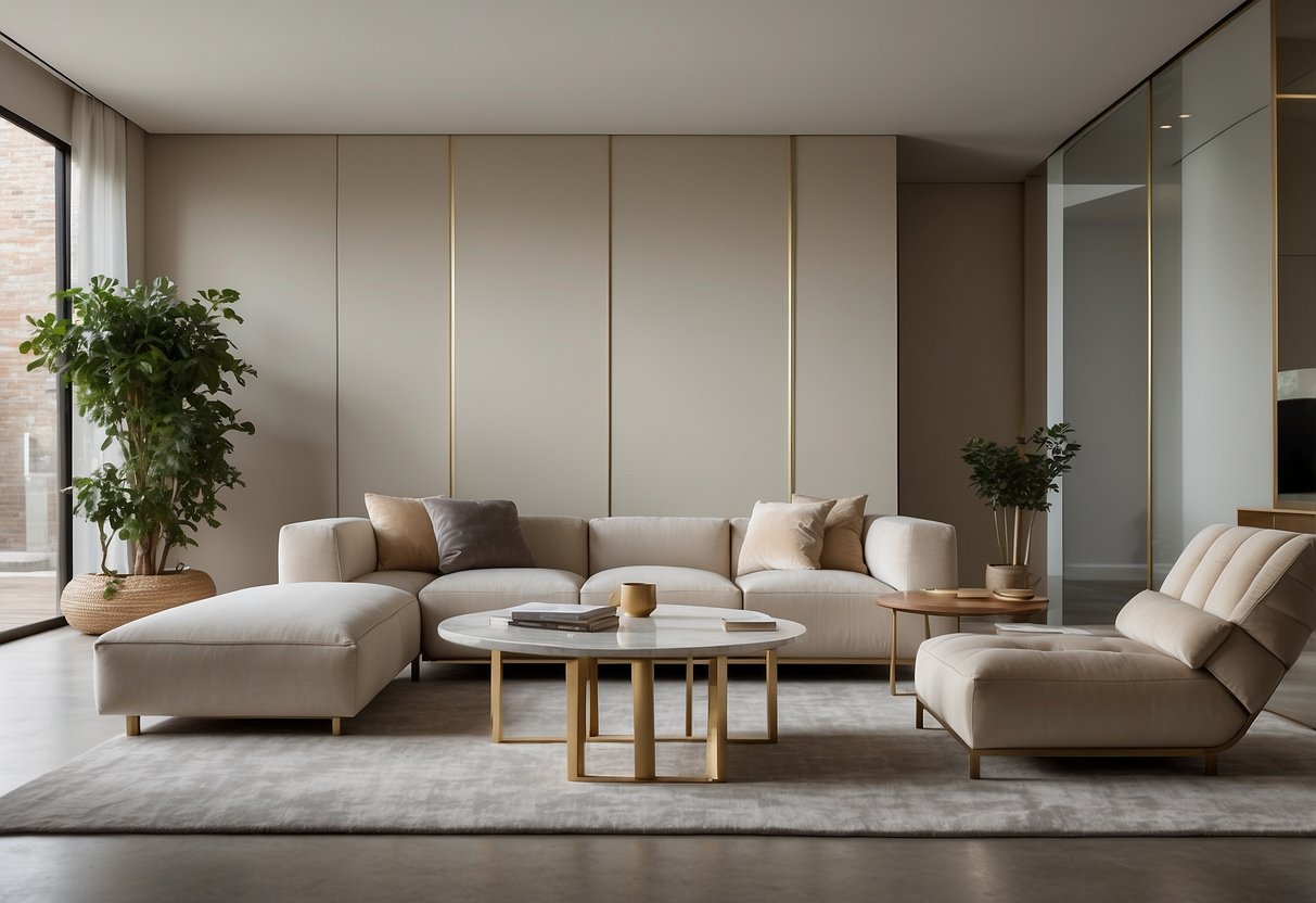 A room filled with sleek and stylish modern replica furniture, featuring clean lines, minimalist designs, and a neutral color palette