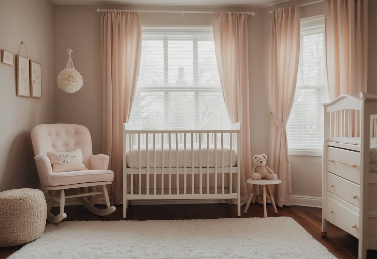 A crib, changing table, and rocking chair sit in a cozy nursery. Soft pastel colors and plush fabrics create a warm and inviting atmosphere