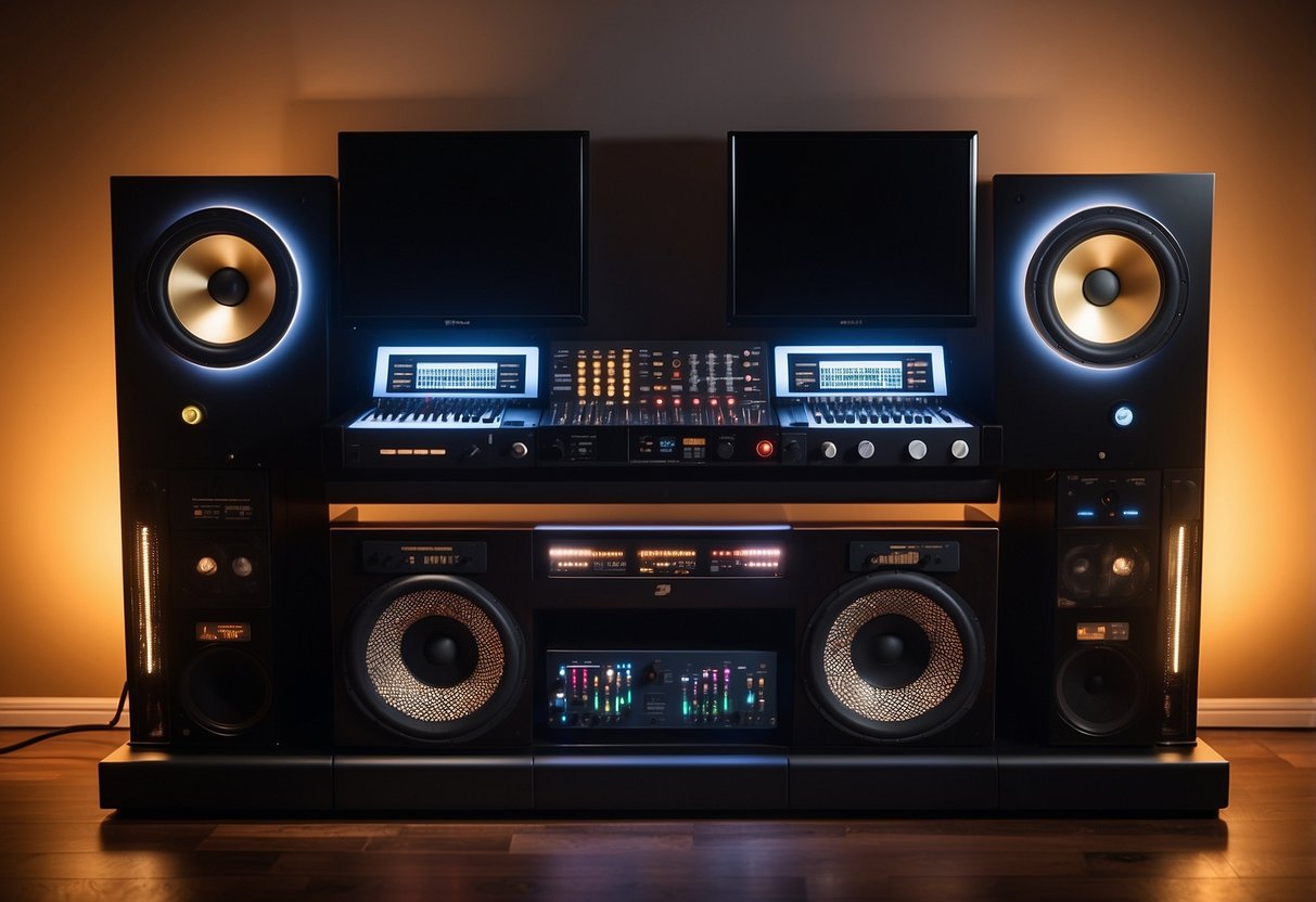 A sleek DJ furniture console with a modern design, featuring multiple compartments and shelves for storage, placed in a dimly lit room with ambient lighting