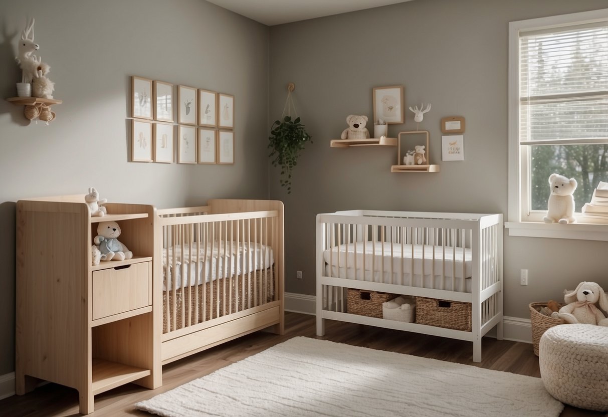 A small nursery with a convertible crib, changing table, and storage bins. Compact design and neutral colors maximize space and budget