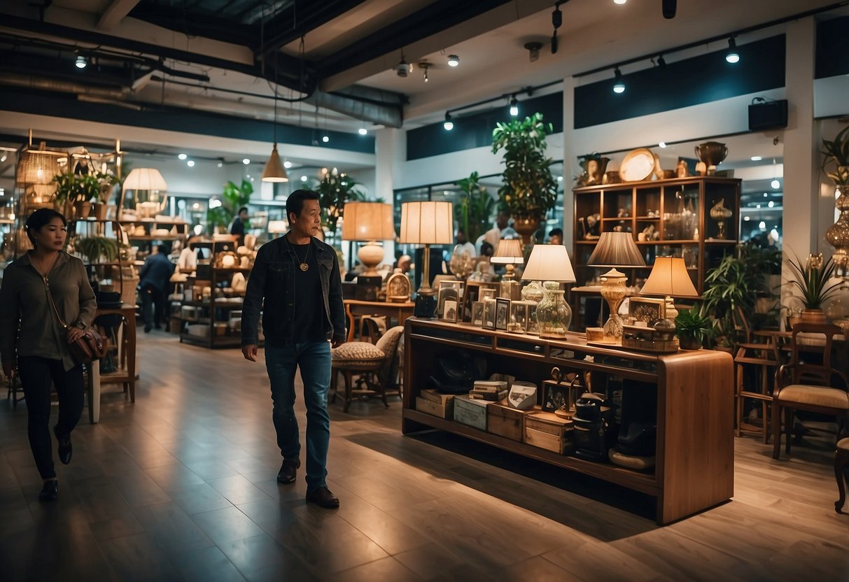 A bustling furniture shop on Genting Lane, filled with various styles and designs. Customers browse through the displays, while workers arrange and restock the merchandise