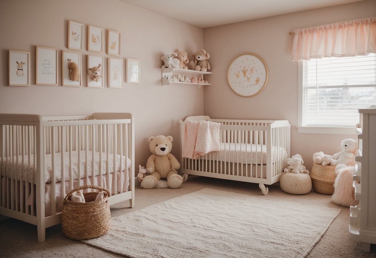 A cozy nursery with a crib, changing table, and rocking chair. Soft pastel colors and cute animal-themed decor. Shelves filled with baby essentials
