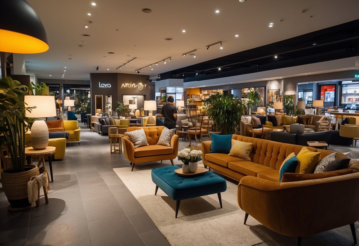 Customers browse through rows of vibrant furniture in Genting Lane shops. Bright lights illuminate the spacious showroom, showcasing a variety of modern and traditional pieces