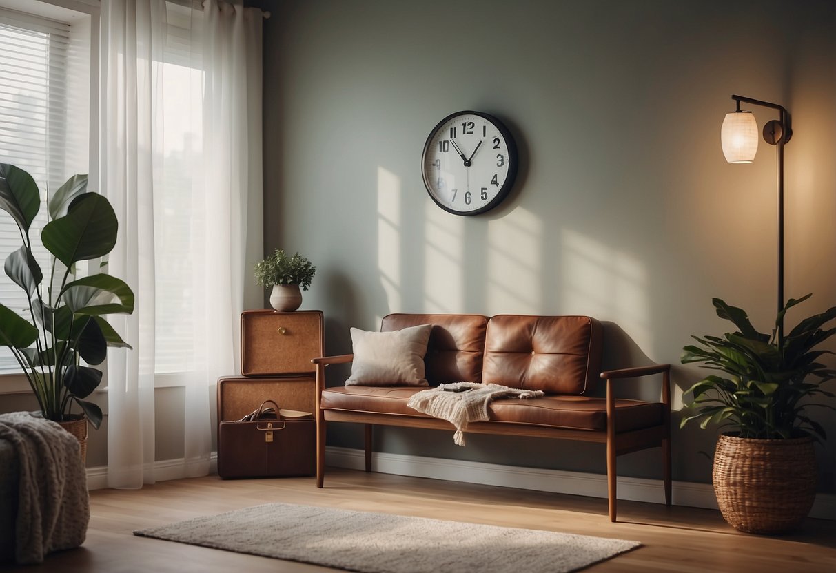 A room with a suitcase, coat rack, and bench by the door. A clock on the wall shows the time. Another room with a welcoming armchair, side table, and lamp