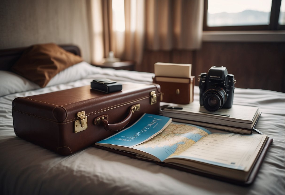 A room with a suitcase on a bed, a map on a table, and a calendar with marked dates. A travel guide and passport are placed next to the suitcase