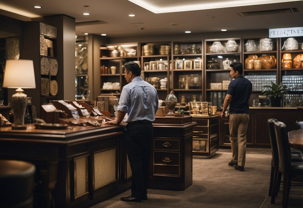 A customer browsing furniture, while a salesperson assists at a Genting Lane shop
