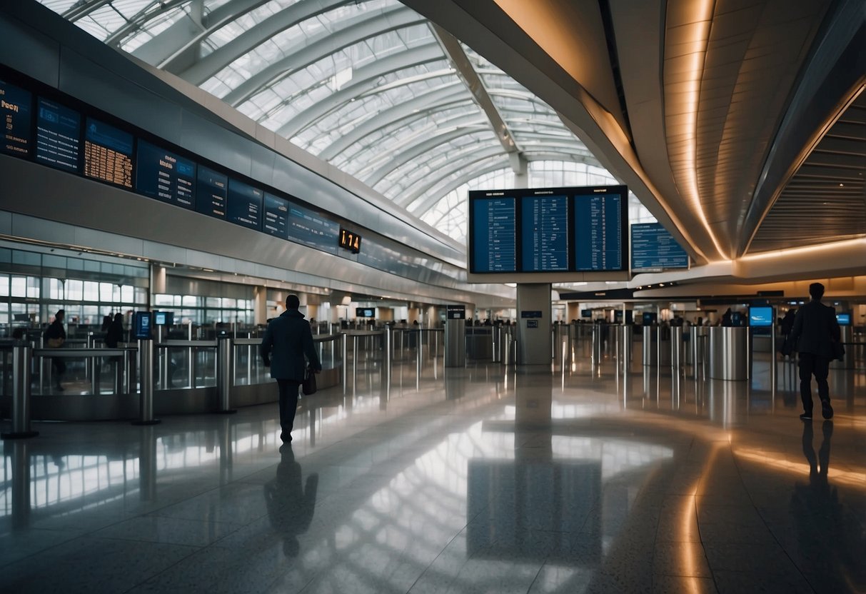 A traveler approaches a modern airport terminal with departure and arrival boards, check-in counters, and waiting area furniture