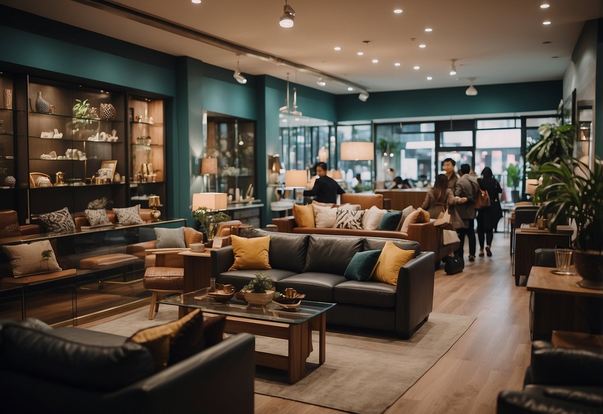 A bustling furniture shop on Genting Lane, with customers browsing and staff assisting. Displayed items include sofas, tables, and chairs