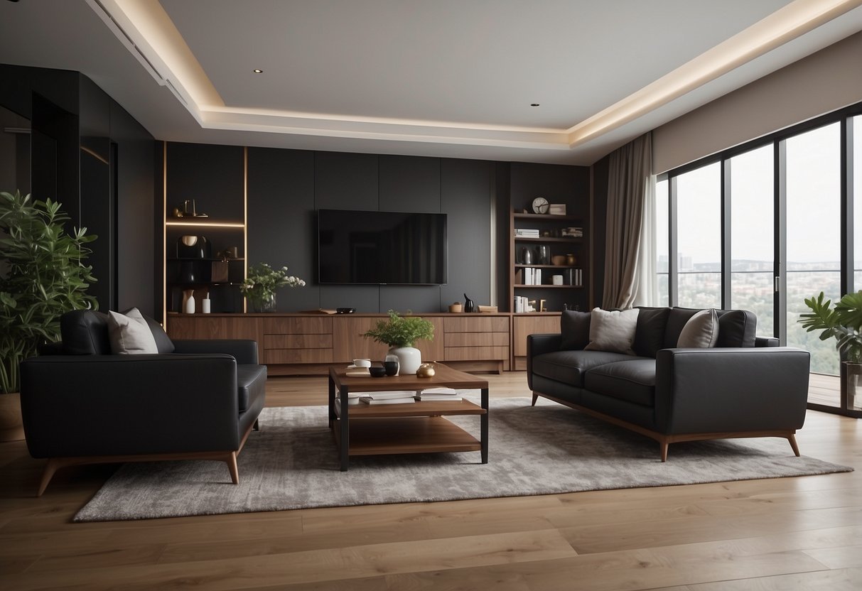 A room with black and walnut furniture arranged in a modern and elegant style