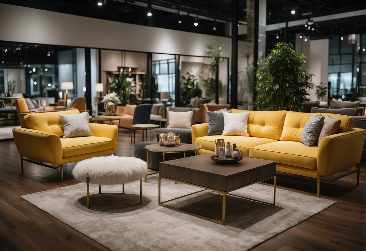Brightly lit furniture showrooms display modern designs and luxurious fabrics