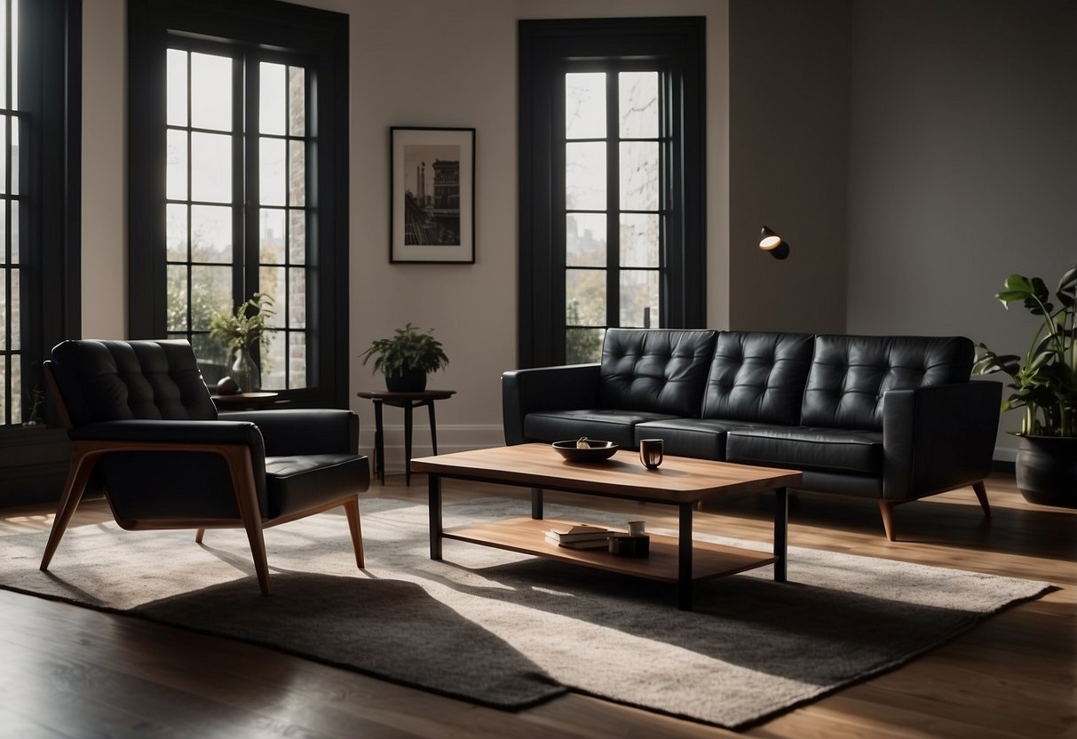 A room filled with sleek black and walnut furniture, casting dramatic shadows in the soft light