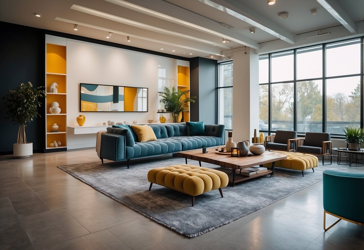 A modern, spacious showroom with sleek furniture displays, clean lines, and pops of bold color. Bright, natural lighting illuminates the space, while minimalist decor and innovative designs create a contemporary atmosphere