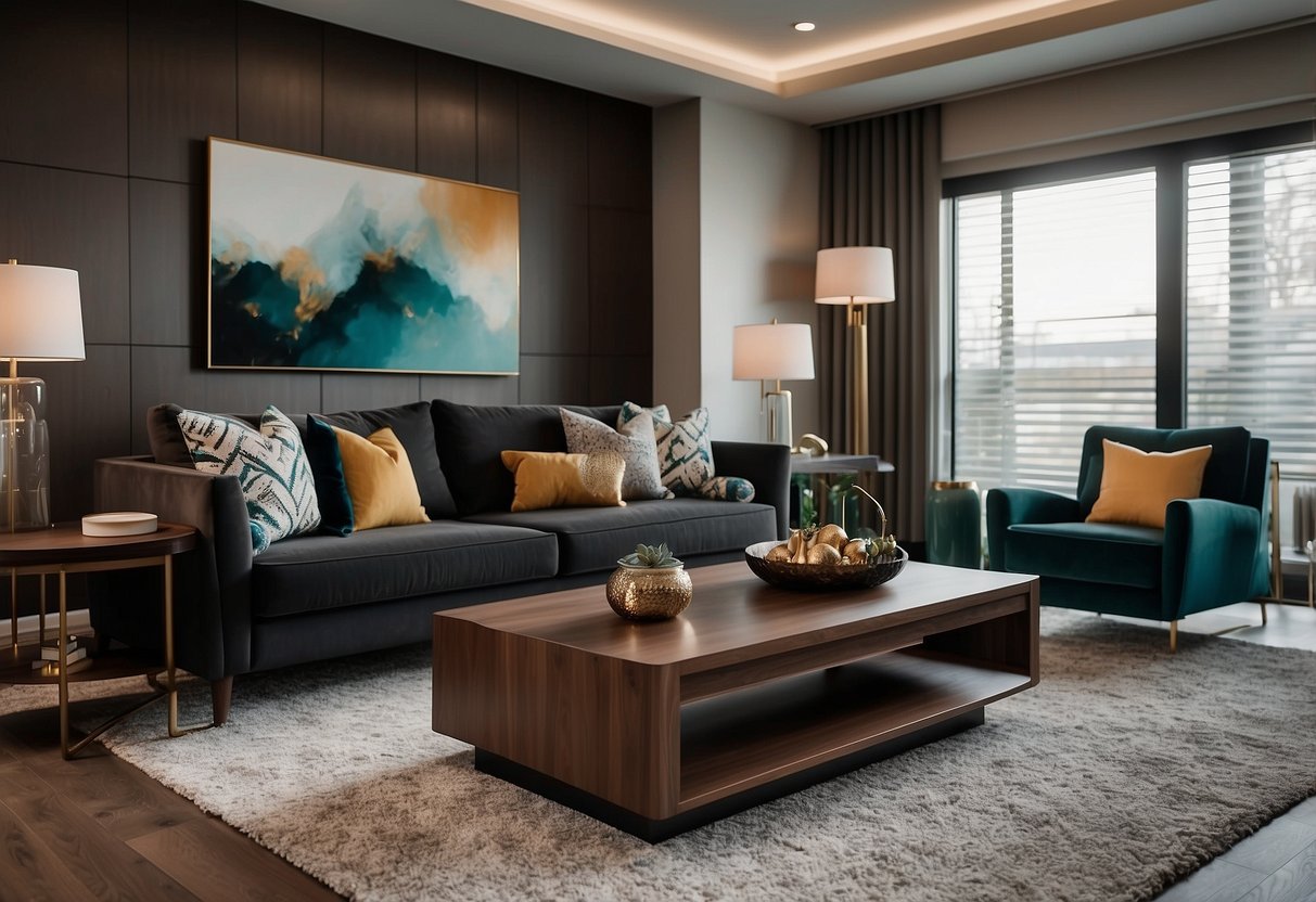 A modern living room with black and walnut furniture, including a sleek coffee table and a matching entertainment center. The room is accented with metallic decor and pops of color in the form of throw pillows and wall art