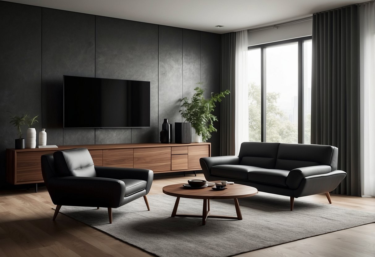 A sleek black and walnut furniture set arranged in a modern living room with clean lines and minimalist decor