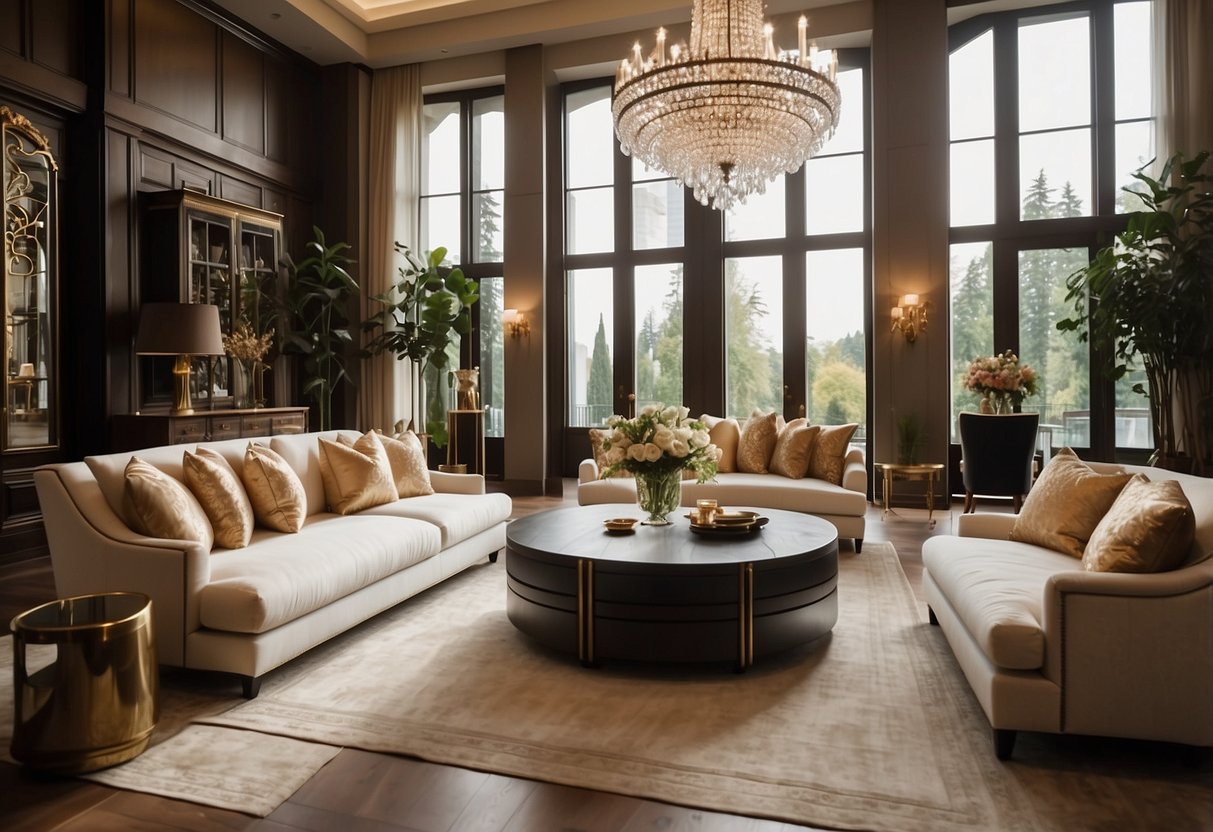 A grand, opulent living room with luxurious furniture sets, plush sofas, ornate coffee table, elegant armchairs, and a dazzling chandelier