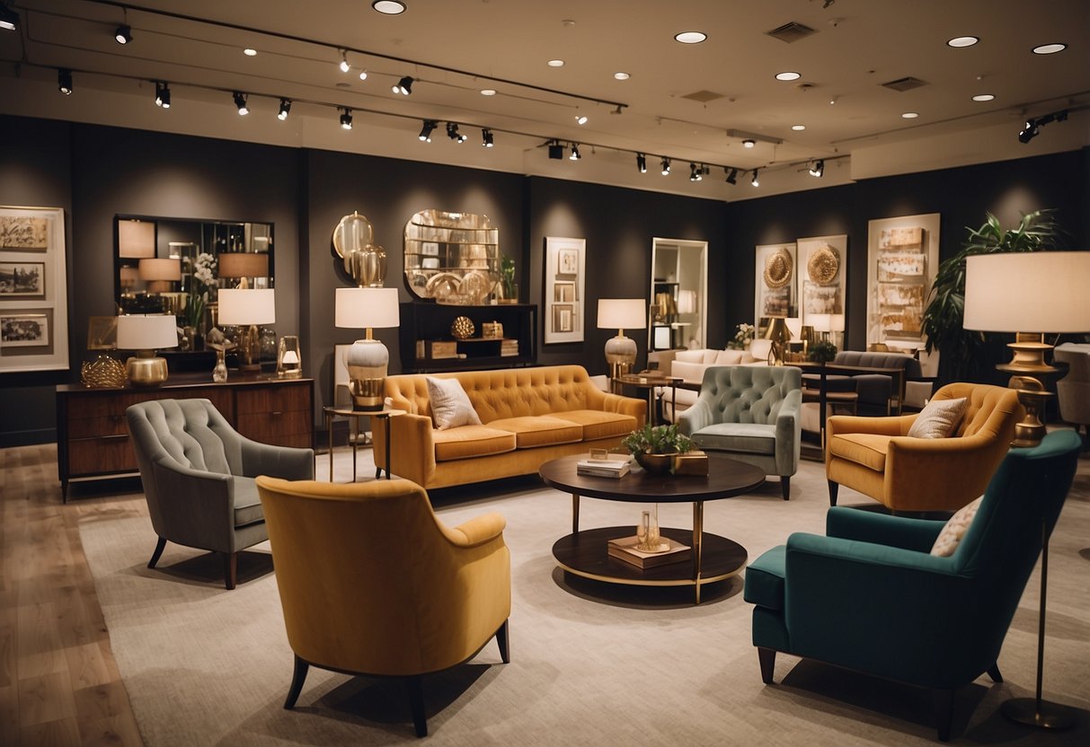 The high point furniture showrooms bustle with customers exploring the latest designs and styles, surrounded by a variety of elegant and modern furniture pieces