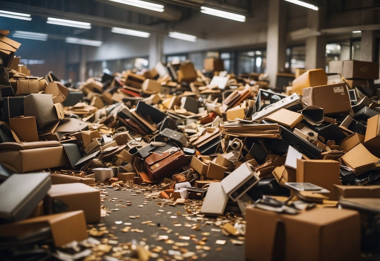 Furniture being thrown into a large pile, creating a chaotic and cluttered scene