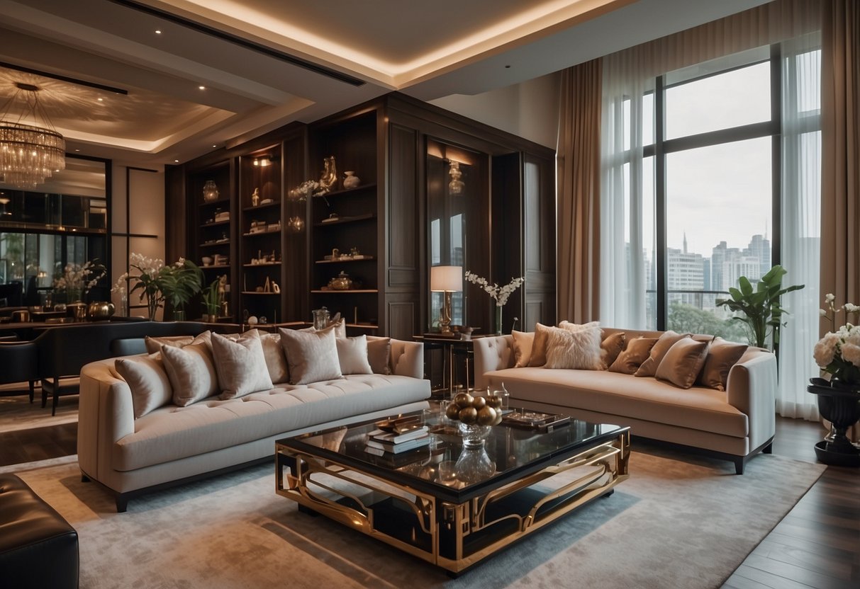 A luxurious living room with high-quality furniture showcasing rich materials and exquisite craftsmanship. Rich fabrics, polished wood, and intricate detailing create an elegant and sophisticated atmosphere