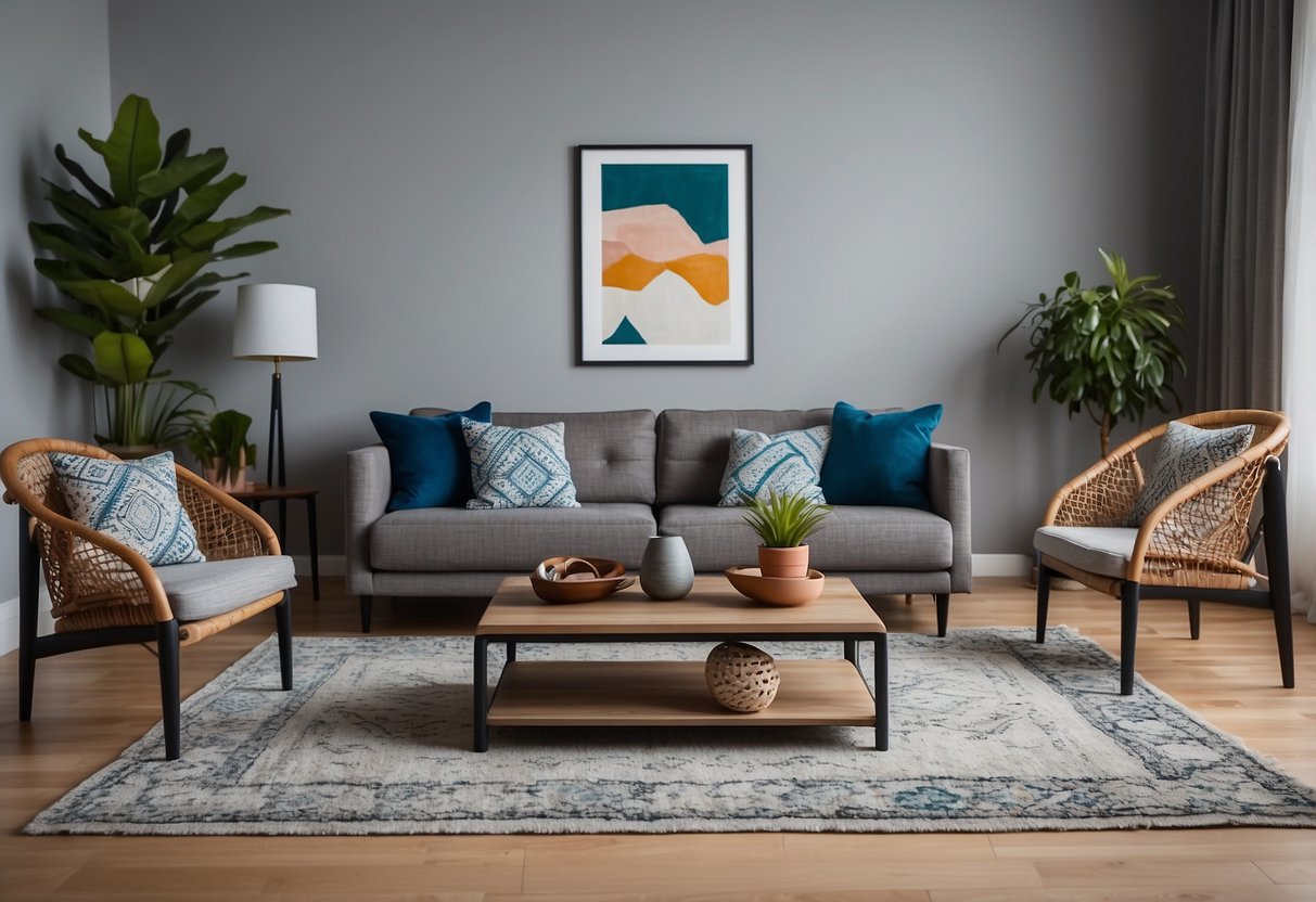 A cozy living room with gray furniture, featuring a soft gray wall with a pop of color in the form of vibrant accent pillows and a bold, patterned area rug