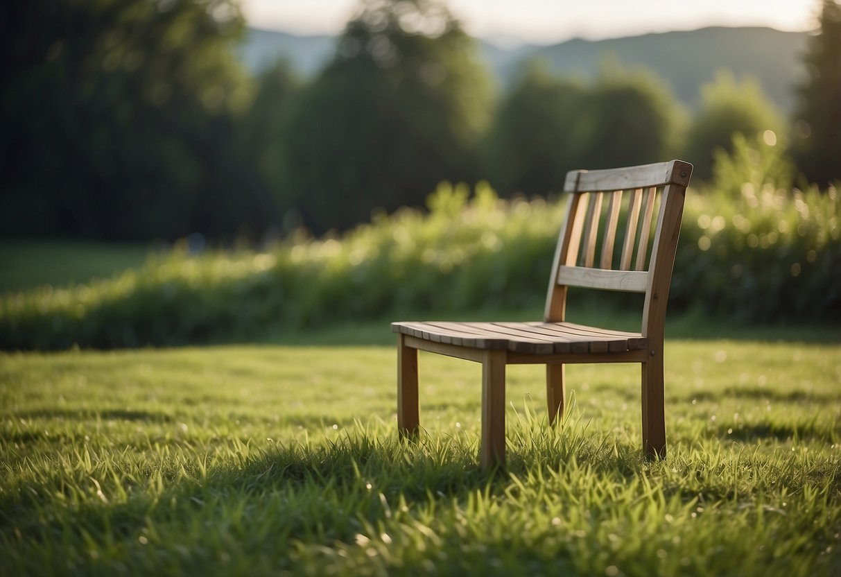 Lush green grass sprouting from the earth, supporting a simple wooden chair and table, surrounded by nature